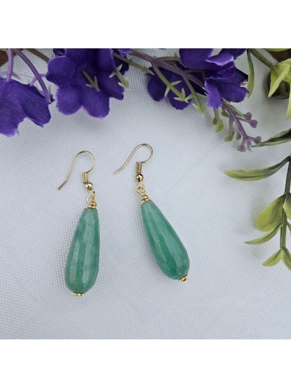 Green Aventurine Teardrop Dangle Earrings - Picture 1 of 3